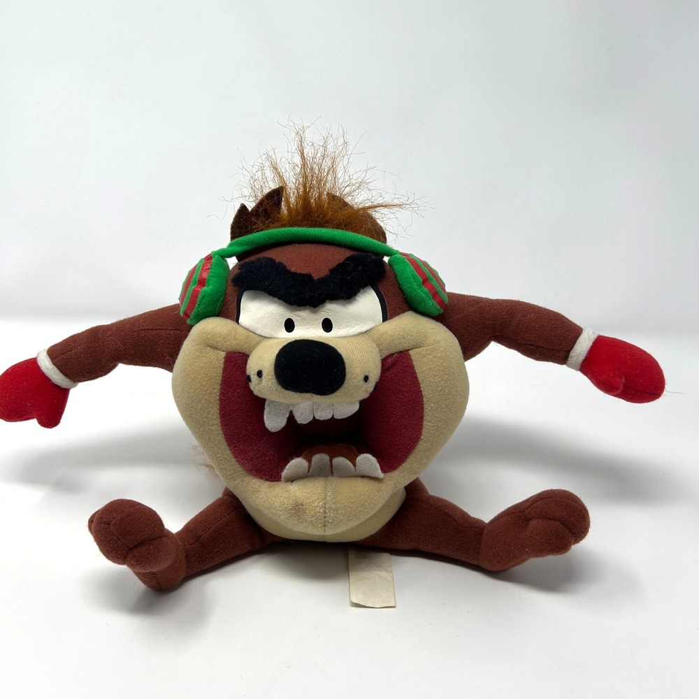 Vintage 1997 Looney Tunes‎ Taz Tasmanian Devil Christmas Plush Earmuffs Mittens